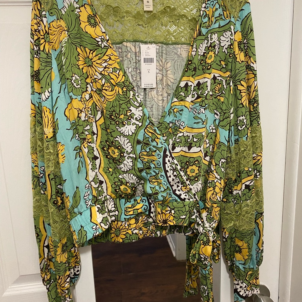 Anthropologie Floral Wrap Blouse - Green and Yellow